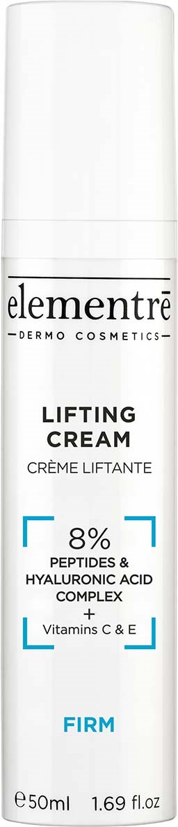 Eine weiße Flasche mit dem Aufdruck 'elementré Lifting Cream', enthält 8% Peptide und Hyaluronsäure, als fest markiert, 50 ml.