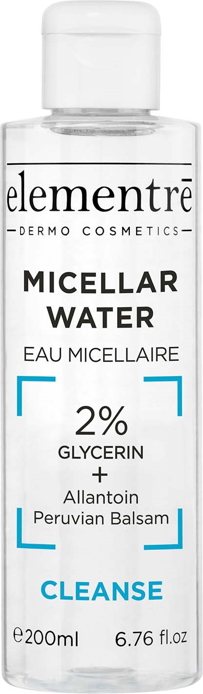 Klare Flasche mit 'Elementré Micellar Water', 2 % Glycerin, mit Allantoin und Peruvian Balsam, zum Reinigen.