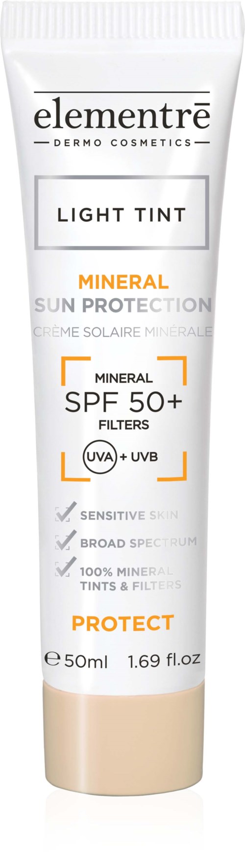 Eine Tube Elementré Light Tint Mineralsonnencreme mit SPF 50+ und UVA/UVB-Filtern. Für empfindliche Haut geeignet.