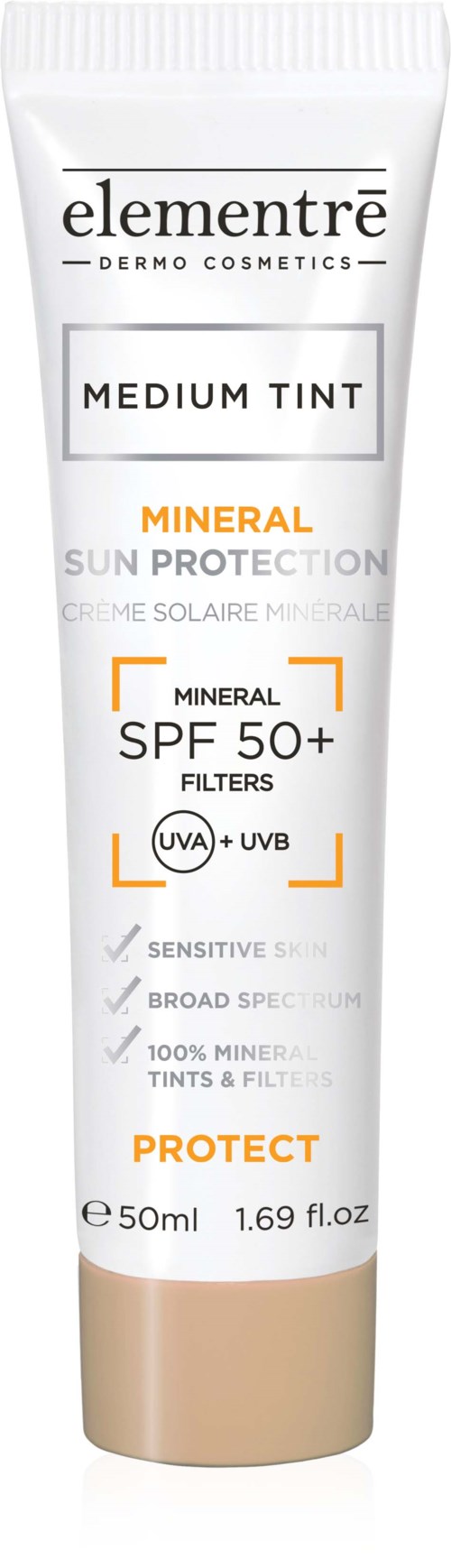 Eine weiße Tube mit Elementre Sonnencreme mit beigem Deckel, gekennzeichnet als Medium-Ton, SPF 50+, mineralischer Schutz für empfindliche Haut.