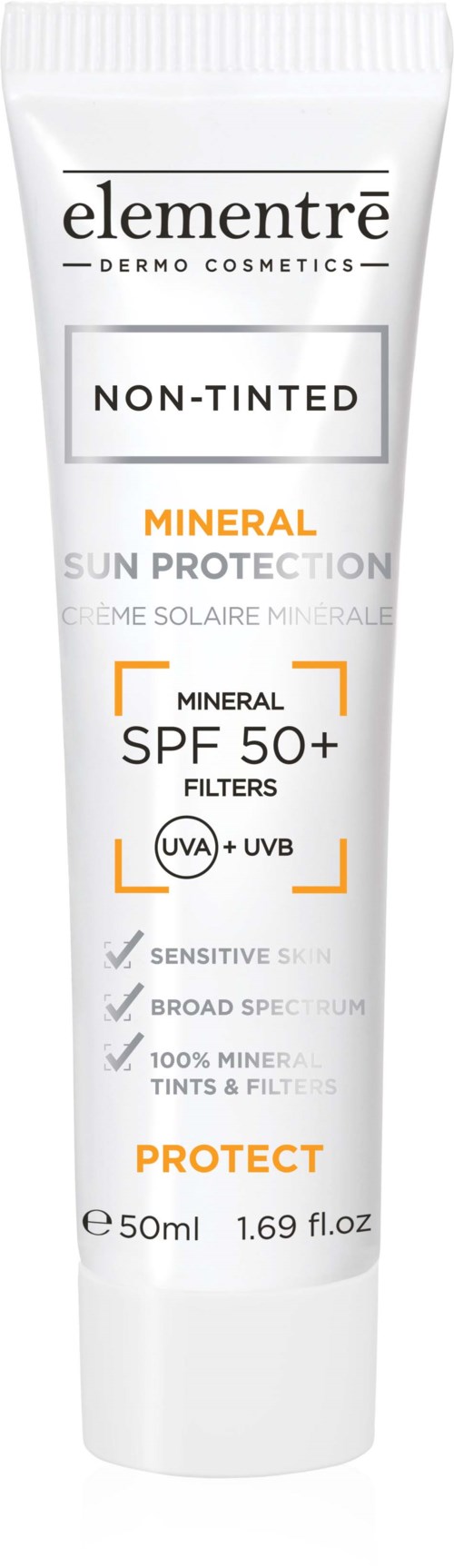 Tube Sonnencreme mit 'Non-Tinted', SPF 50+ und mineralischem Schutz für empfindliche Haut.