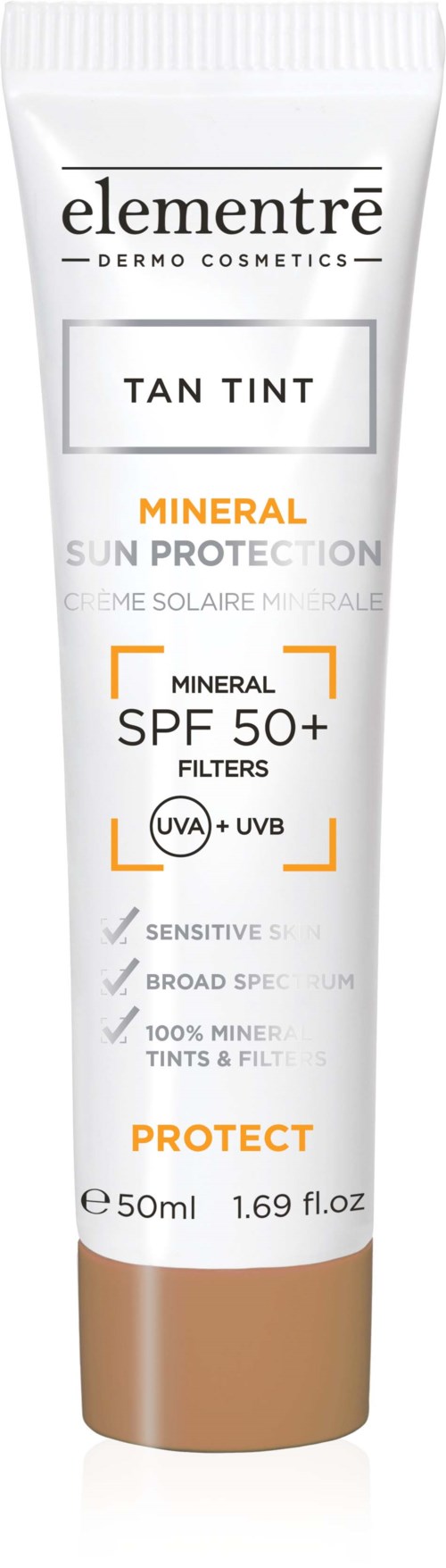Eine Sonnencreme-Tube mit der Aufschrift 'elementre Tan Tint Mineral SPF 50+' mit beigem Deckel und weißem Körper, weist mineralischen Sonnenschutz aus.