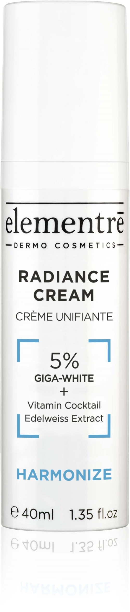 Eine weiße zylindrische Flasche mit Label Elementre Radiance Cream, 5% Giga-White und Vitamin-Cocktail. Für Hautpflege.
