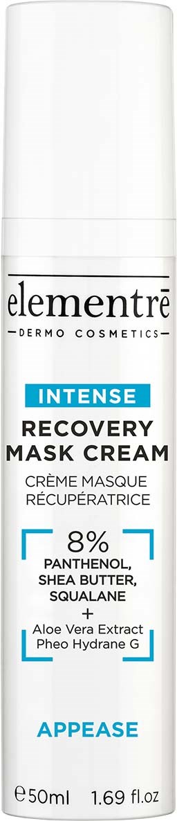 A white bottle with a black and blue label for Elementre Recovery Mask Cream, containing ingredients like shea butter and aloe.