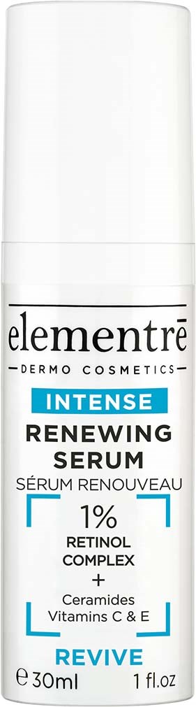 Eine weiße Flasche mit der Aufschrift 'elementre Intensive Renewing Serum' mit 1% Retinol und Vitaminen C und E, für Hauterneuerung.