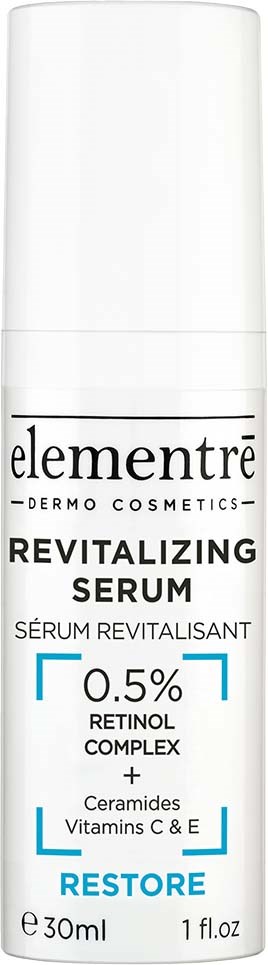 Eine weiße Flasche mit Elementre Revitalizing Serum mit 0,5 % Retinol-Komplex, Ceramide, Vitamin C und E, 30ml.