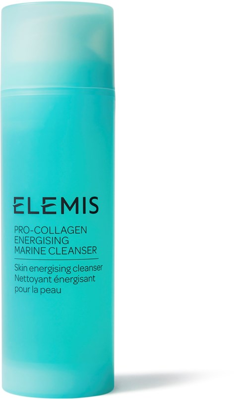 A tall, blue bottle of Elemis marine cleanser with a cap, labeled for skin energizing and collagen benefits.