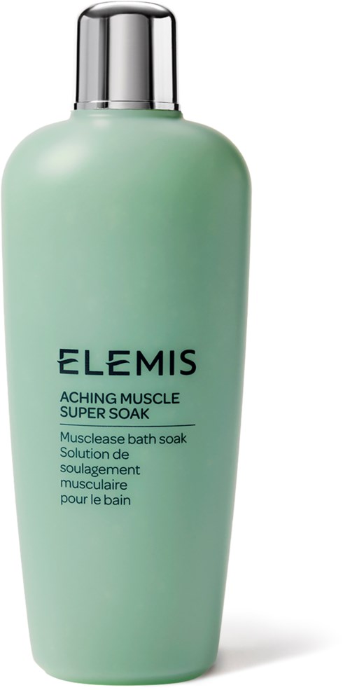 Eine hellgrüne Flasche mit silberner Kappe, gekennzeichnet ELEMIS Aching Muscle Super Soak für Bad.