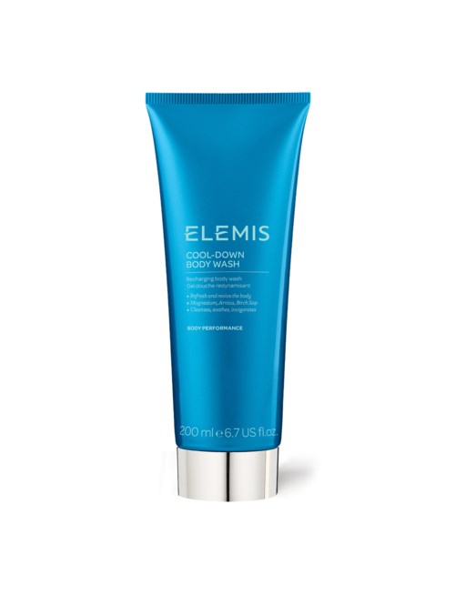 Blaue Tube von Elemis Cool-Down Body Wash, 200ml, mit silberner Kappe, für erfrischende Haut.