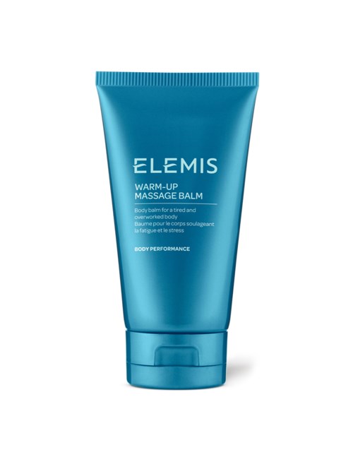 Eine blaue Tube mit Elemis Warm-Up Massage Balm für Körperkomfort und Aufwärmung.