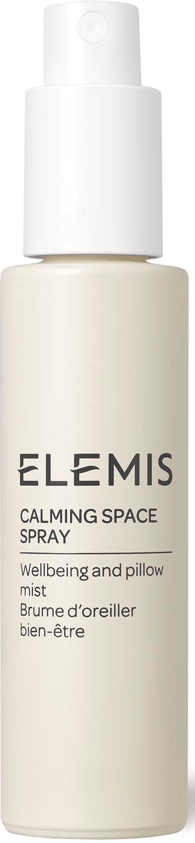 Biała butelka z sprayem oznaczona "ELEMIS Calming Space Spray" do dobrego samopoczucia i na poduszkę.