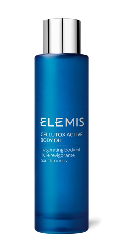 Blaues Flasche mit silberner Kappe für Elemis Körperöl, gekennzeichnet als Cellutox Active Body Oil.