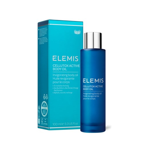 Blauer Flakon mit Körperöl und passende Verpackung, gekennzeichnet als Elemis Cellutox Active Body Oil, stehen nebeneinander.