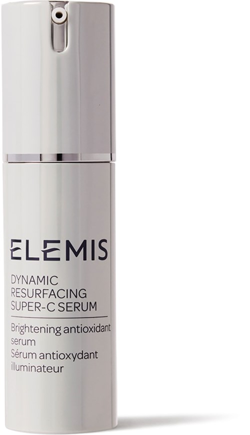 Eine weiße Flasche mit Pumpe, gekennzeichnet Elemis Dynamic Resurfacing Super-C Serum, für Hautaufhellung und Antioxidantien.