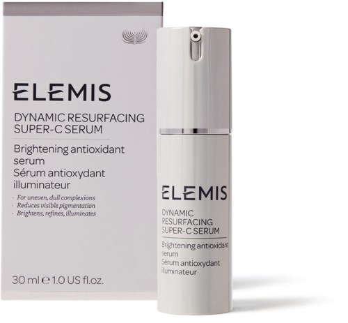 Ein Hautpflegeprodukt mit der Bezeichnung Elemis Dynamic Resurfacing Super-C Serum in einer weißen Flasche und Verpackung.
