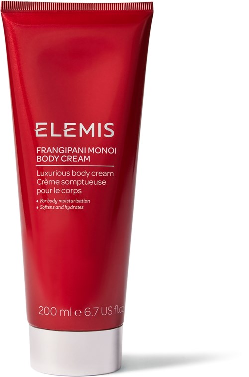 Rötliche Elemis Körpercreme Tube, 200 ml, mit weißem Deckel, glatte Oberfläche und klare Etikett.