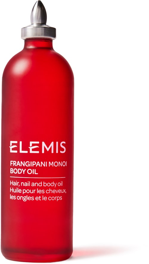 Rote Flasche mit silberner Kappe mit Elemis Körperöl für Haare, Nägel und Haut. Text auf der Vorderseite.