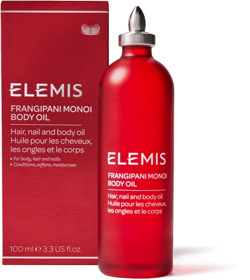 Rote Flasche und Schachtel Elemis Frangipani Monoi Körperöl für Haare, Nägel und Haut, 100 ml.