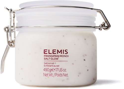 Eine weiße Dose mit Metallverschluss, beschriftet Elmis Frangipani Monoi Salt Glow, enthält Salzpeeling.