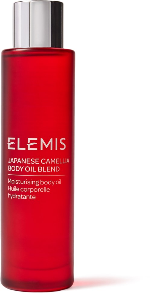 Eine rote Flasche mit Elemis Japanese Camellia Body Oil Blend und silberner Kappe.