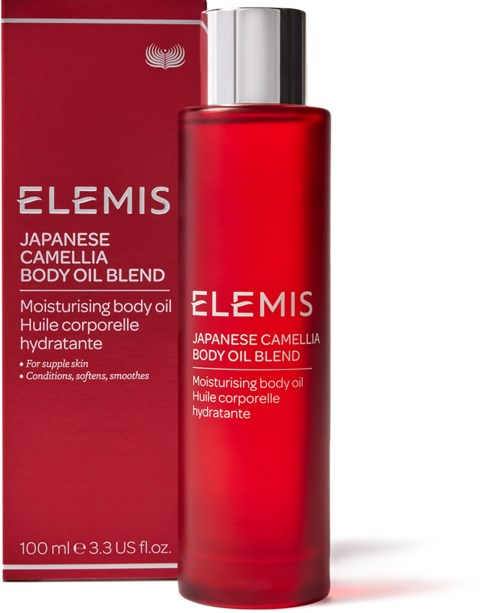Eine rote Flasche und Packung für Elemis Japanese Camellia Body Oil Blend, beschriftet zur Hautbefeuchtung.