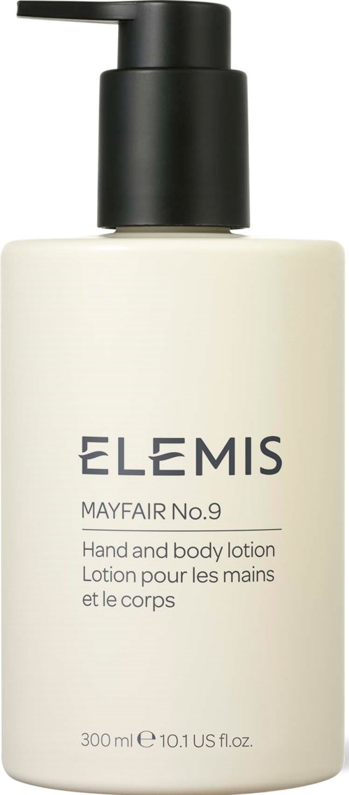 Eine weiße Flasche mit schwarzem Pumpkopf, beschriftet 'ELEMIS Mayfair No.9' für Hand- und Körperlotion, 300 ml.