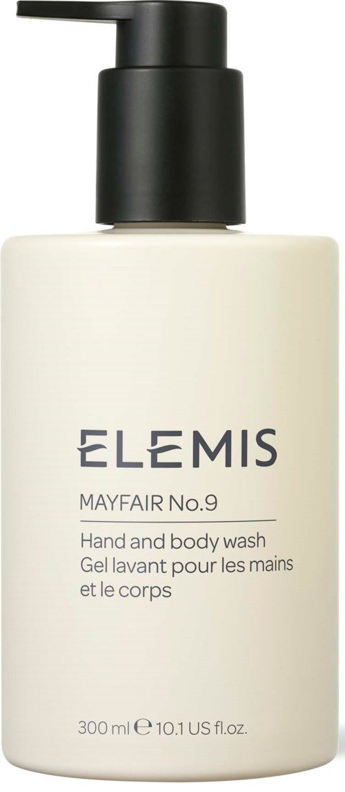 Eine weiße Flasche mit schwarzem Pumpenkopf, beschriftet 'ELEMIS Mayfair No.9 hand and body wash' und 300 ml.