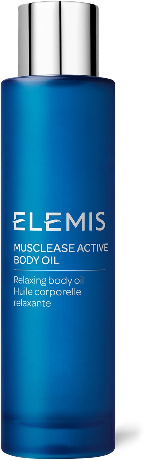 Blaue Flasche mit Körperöl, beschriftet 'Elemis Musclease Active Body Oil' für entspannende Haut.