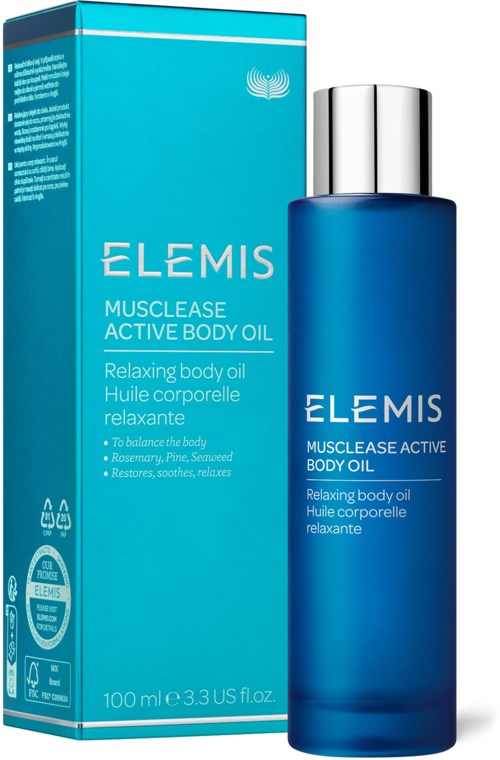 Blauartige Flasche mit Elemis Musclease Active Body Oil und silberner Kappe, passende blaue Verpackung beschreibt Produktvorteile.