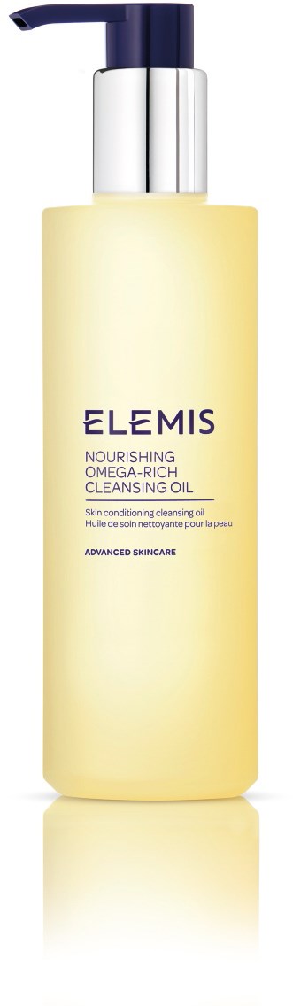A tall, light yellow bottle with a purple and silver pump, labeled ELEMIS Nourishing Omega-Rich Cleansing Oil.