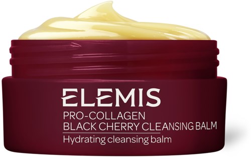 Ein roter Behälter mit Elemis Reinigungssalbe und gelbem Balsam oben.