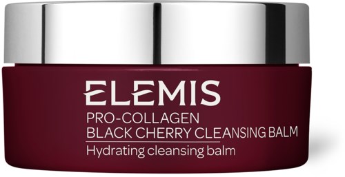 Ein Behälter mit Elemis Black Cherry Cleansing Balm, silberner Deckel, roter Behälter und weiße Schrift.