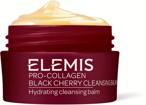 A red jar of Elemis Black Cherry cleansing balm with cream coming out on top.