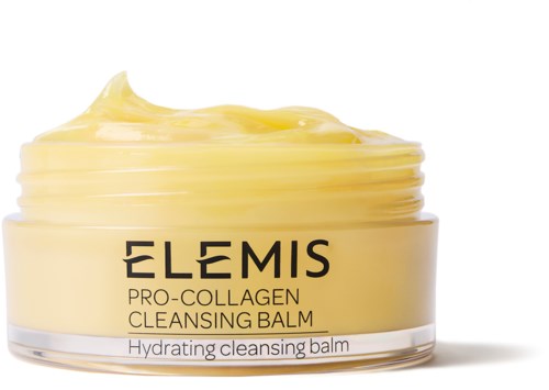 Ein gelber Behälter mit Elemis Pro-Collagen Reinigungssalbe mit etwas Produkt oben.