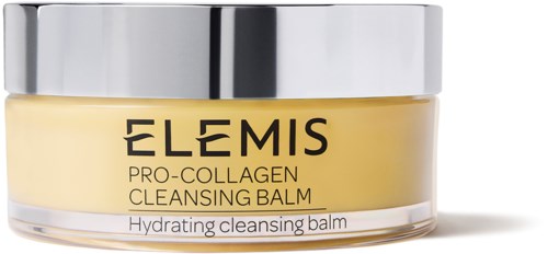 Ein Glas mit Elemis Pro-Collagen Cleansing Balm, silberner Deckel und gelber Balm.