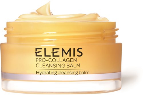 Een pot met Elemis Pro-Collagen Reinigingsbalsem met een romige gele substantie en een eenvoudige zwarte en gouden label.