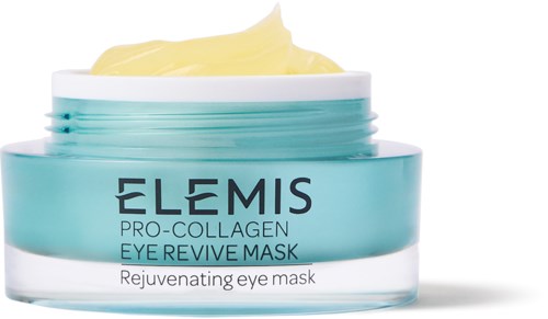 Silmänympärysnaamio, jossa keltainen kerma, merkitty ELEMIS PRO-COLLAGEN EYE REVIVE MASK.