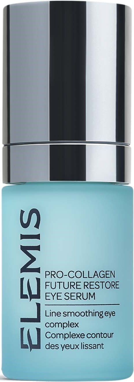 En lys blå flaske fra ELLEMS Pro-Collagen Future Restore Eye Serum med sølvhette.
