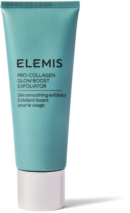 A blue tube with a white cap labeled ELEMIS Pro-Collagen Glow Boost Exfoliator, skin smoothing product.