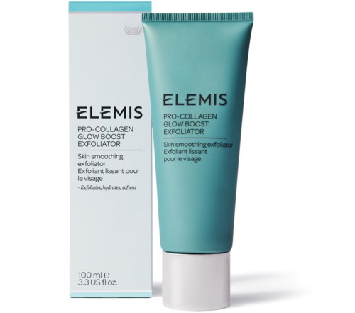 A tube and box of ELEMS Pro-Collagen Glow Boost Exfoliator for skin. The packaging is light blue and white.