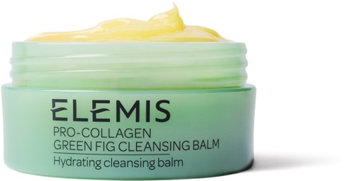 Ein grüner Behälter mit gelber Creme, beschriftet ELEMIS Pro-Collagen Green Fig Cleansing Balm.