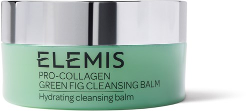 Ein grüner Behälter mit silbernem Deckel enthält Elemis Pro-Collagen Green Fig Cleansing Balm.