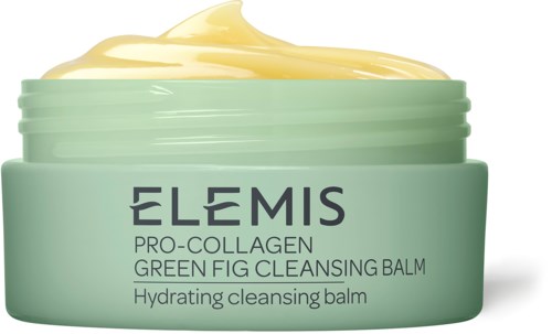 Ein grüner Behälter mit ELEMIS-Balsam und Creme darin, als Kollagen-Reinigungsbalsam für Hydratation und Reinigung.