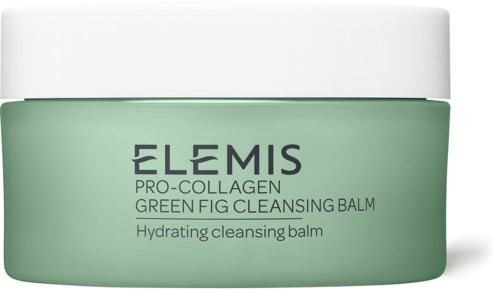 Ein grüner Behälter mit weißem Deckel, beschriftet als Elemis Pro-Collagen Green Fig Cleansing Balm für feuchtigkeitsspendende Hautpflege.