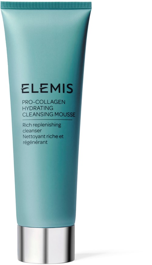 A teal tube of Elemis Pro-Collagen Hydrating Cleansing Mousse with black and silver text and a silver cap.