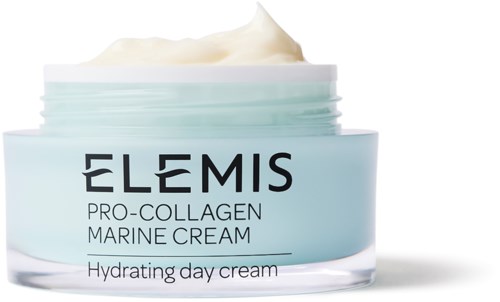 Ein Glas mit Elemis Pro-Collagen Marine Cream mit Creme an der Spitze.