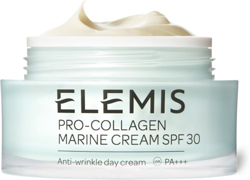 Ein weißer Behälter mit Elemis Pro-Collagen Marine Cream SPF 30 mit Creme, gegen Falten und Sonnenschutz.
