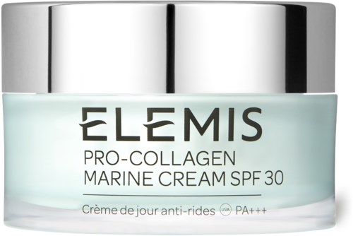 Ein Glas mit Elemis Pro-Collagen Marine Cream mit SPF 30, leichte Textur, silberner Deckel.
