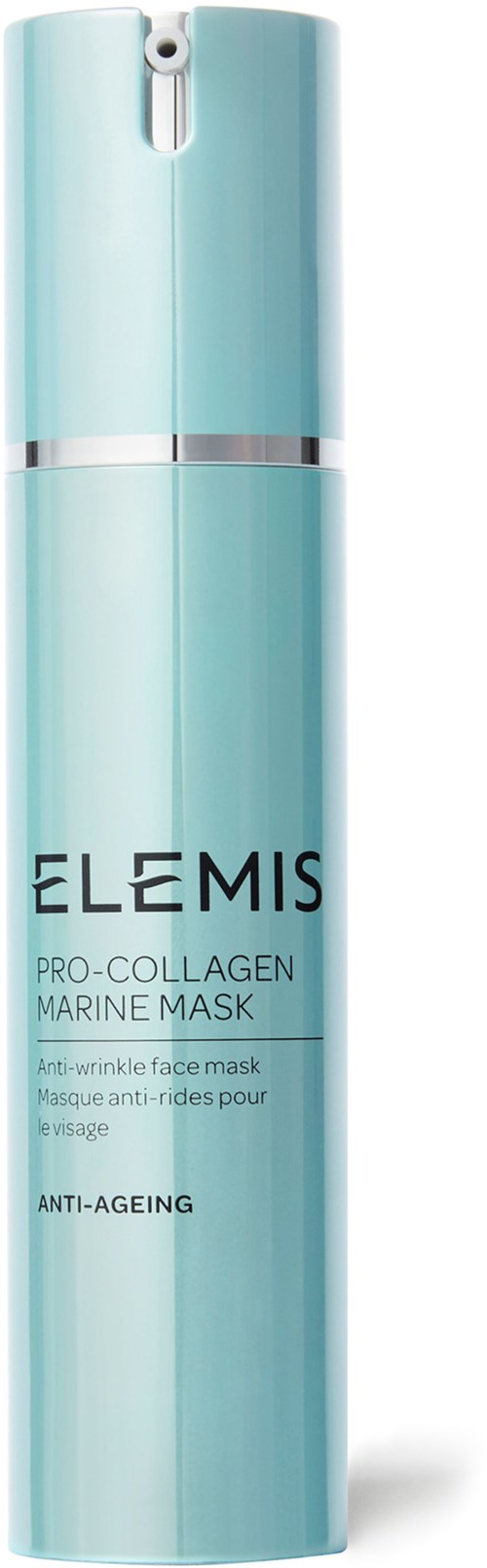 Lange, hellblaue zylindrische Flasche mit der Aufschrift 'ELEMIS Pro-Collagen Marine Mask' für Anti-Aging-Hautpflege.