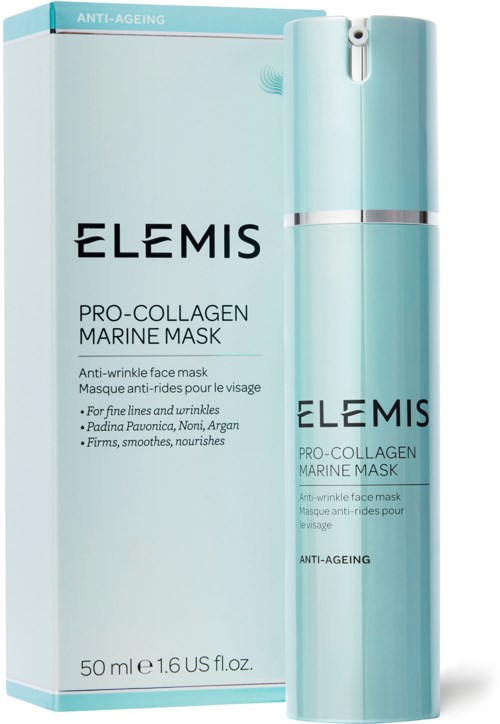 Eine hellblaue Flasche und Verpackung für Elemis Pro-Collagen Marine Mask mit Anti-Aging-Effekt.